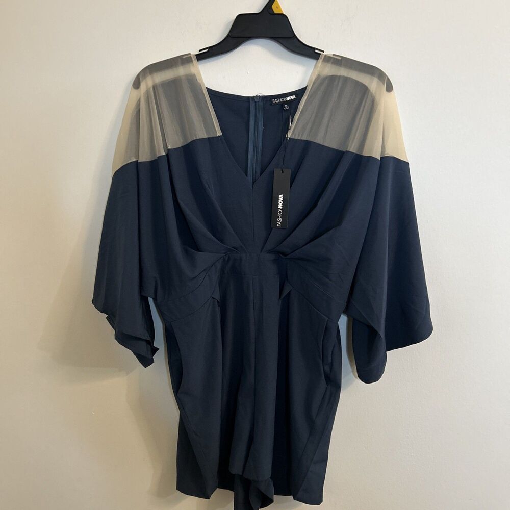 Fashion Nova Weekend Feels Romper Navy 1X NWT Sheer Yoke Dolman Sleeves